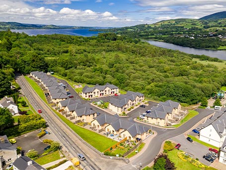 Aerial view of Lakeside Holiday Homes beside the River Shannon in Killaloe County Clare Ireland © Trident Holiday Homes