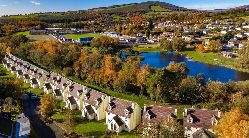 Aerial view of Aughrim Holiday Village in County Wicklow, Ireland.