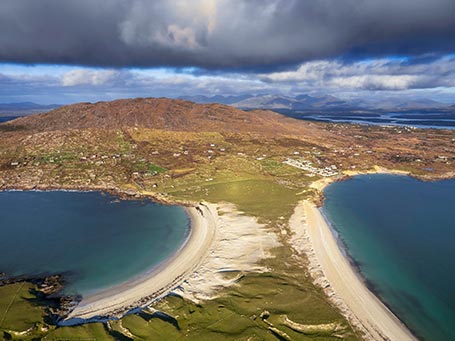 Aerial view of two beautiful sandy beaches, Dog's and Gurteen Bay beaches near Roundstone in Connemara