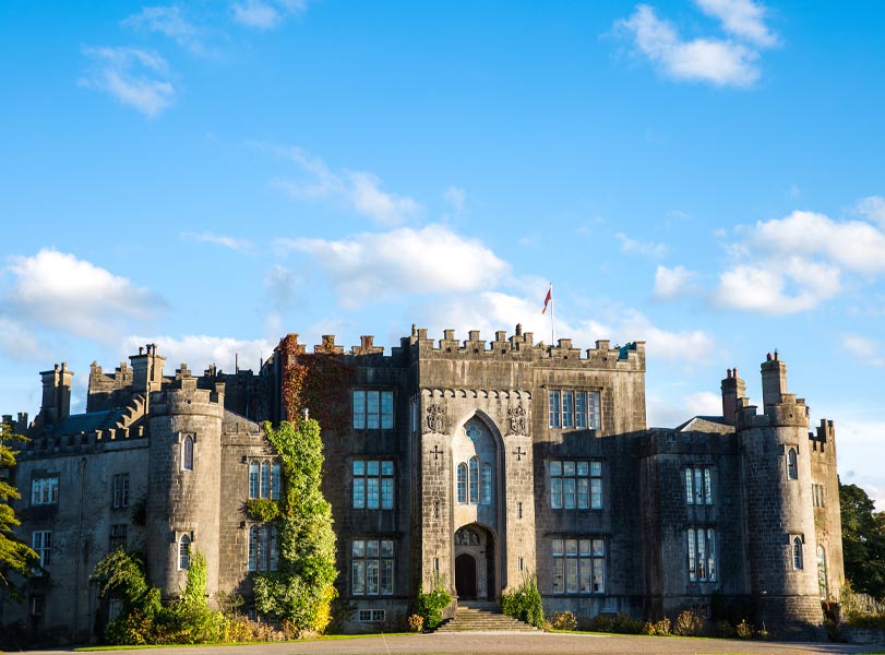 Beautiful view of Birr Castle and a blue sky in County Offaly, Ireland