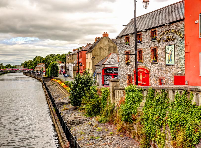 Street scenery beside the River Nore in Kilkenny City in Ireland