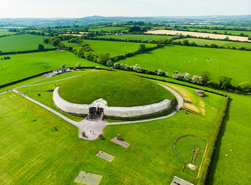 Aerial view of Newgrange, a prehistoric monument built during the Neolithic period, located in County Meath, Ireland