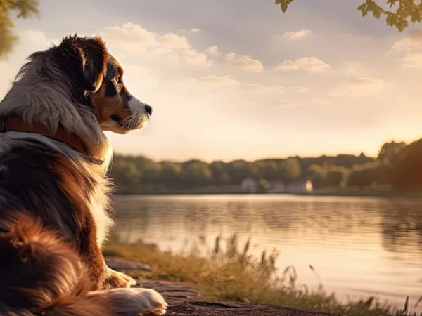 Australian Shepherd dog on the river promenade, dog-friendly pet-friendly holiday homes in County Limerick, Ireland.