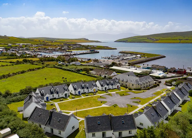 Aerial view of Dingle Harbour Cottages coastal holiday homes in Kerry © Trident Holiday Homes
