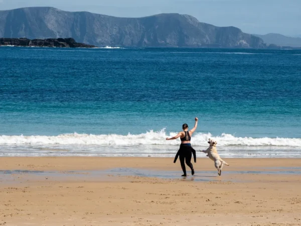 Warm sunny day, outdoor activity and fun. Dog-friendly holiday homes in Mayo. Woman in a wetsuit plays with a big dog on a sand beach of Keem Bay, Achill Island, County Mayo, Ireland.