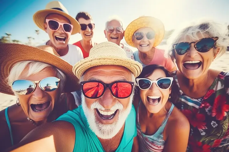 Happy group of senior people taking selfies and smiling at the camera on summer vacation. Holiday Homes good for groups, Ireland.
