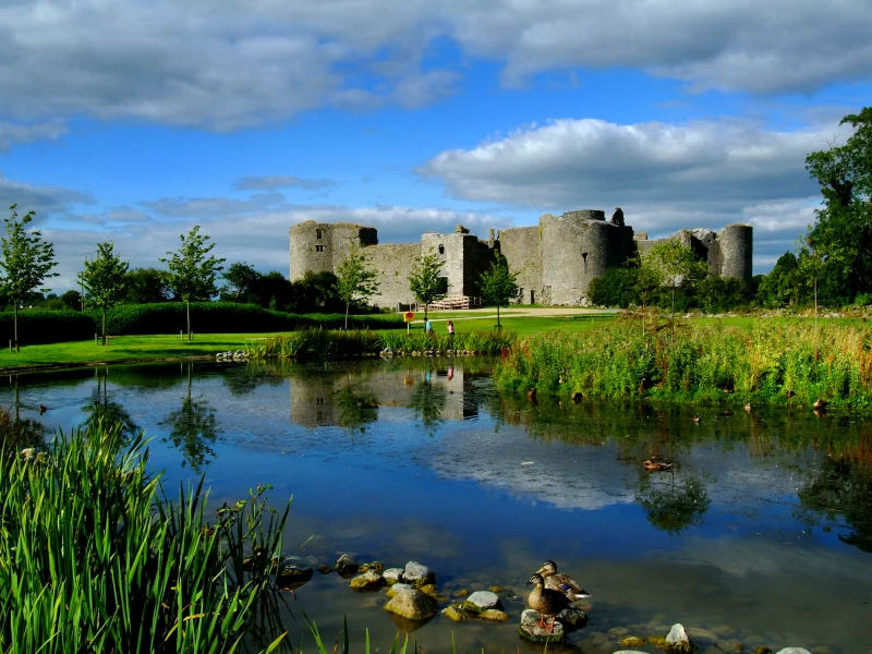 Beautiful Irish landscape, Roscommon Royal Castle over the duck pond in County Roscommon, Ireland