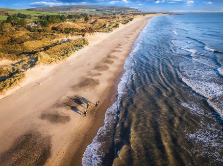 Aerial view of sandy Blue Flag Beach Brittas Bay in County Wicklow, Ireland