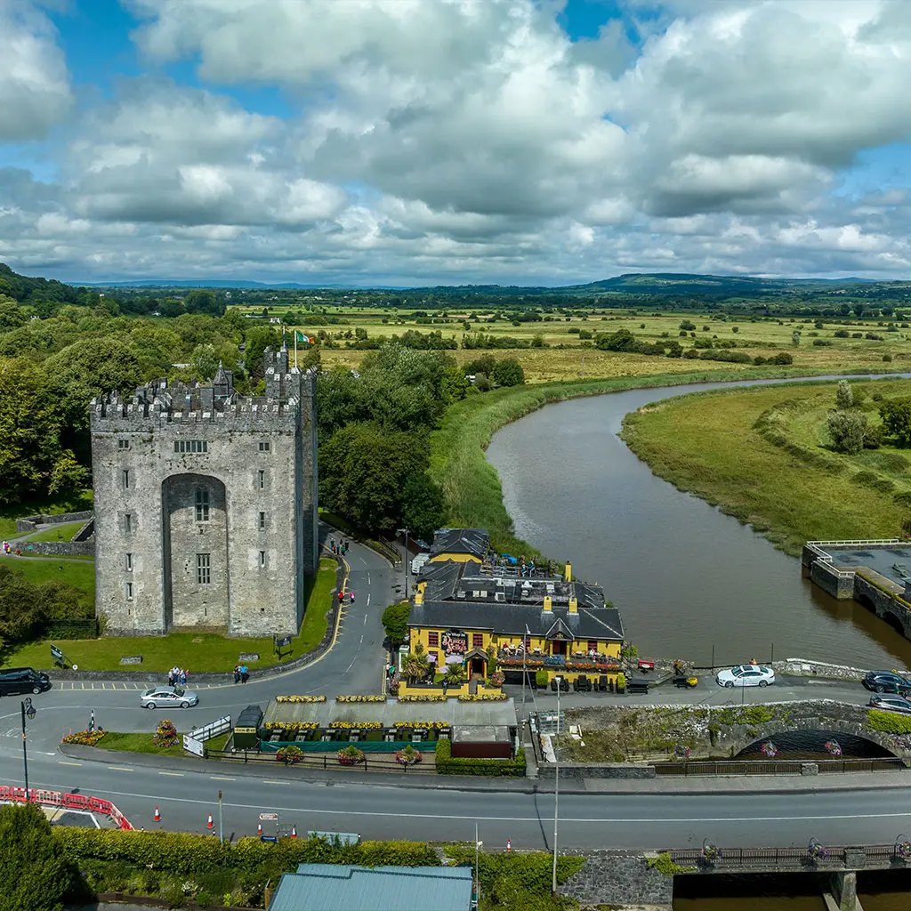 Aerial view of Bunratty Castle large 15th-century tower house in Clare in Ireland