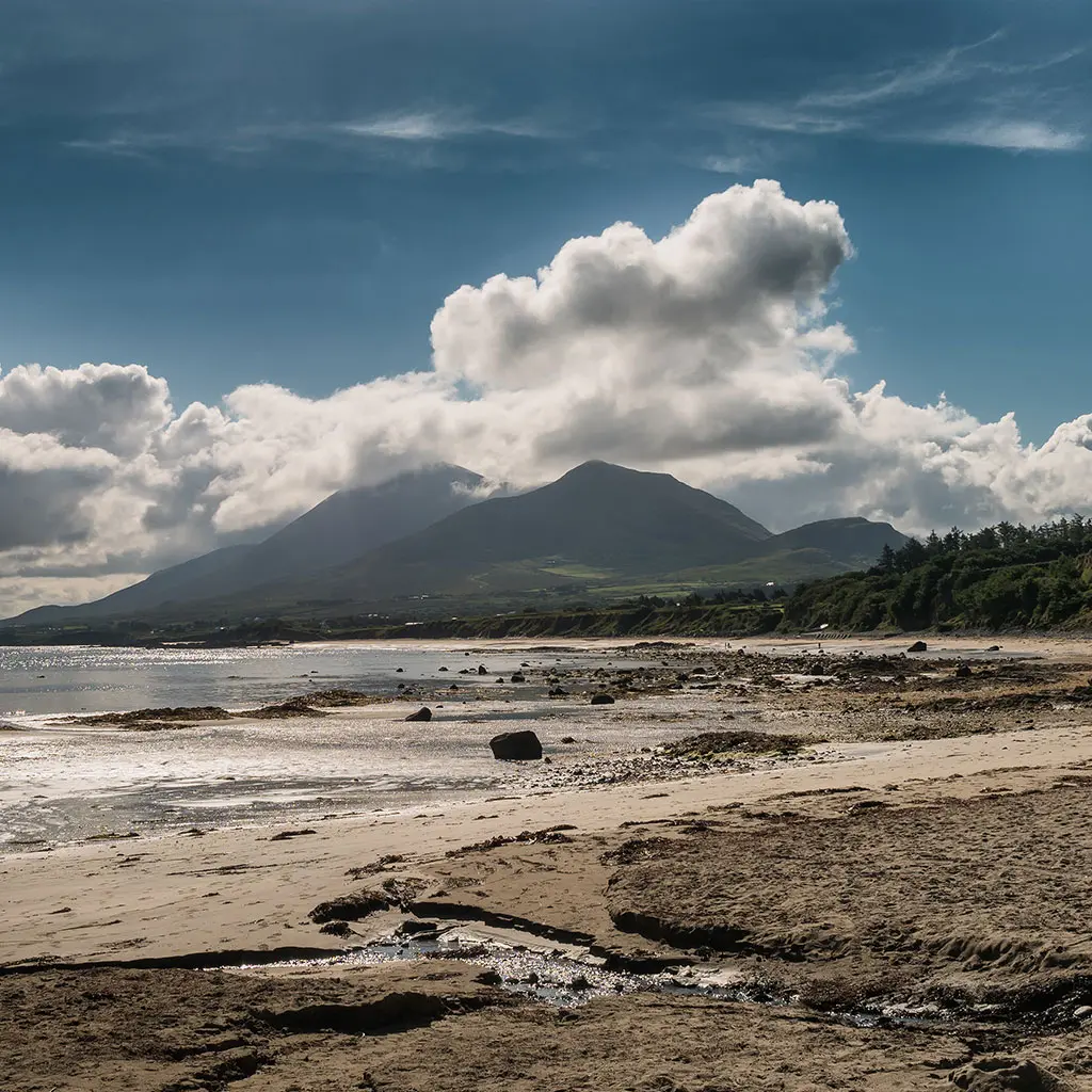 Croagh Patrick in clouds seen from Louisburgh small harbour, County Mayo, Ireland